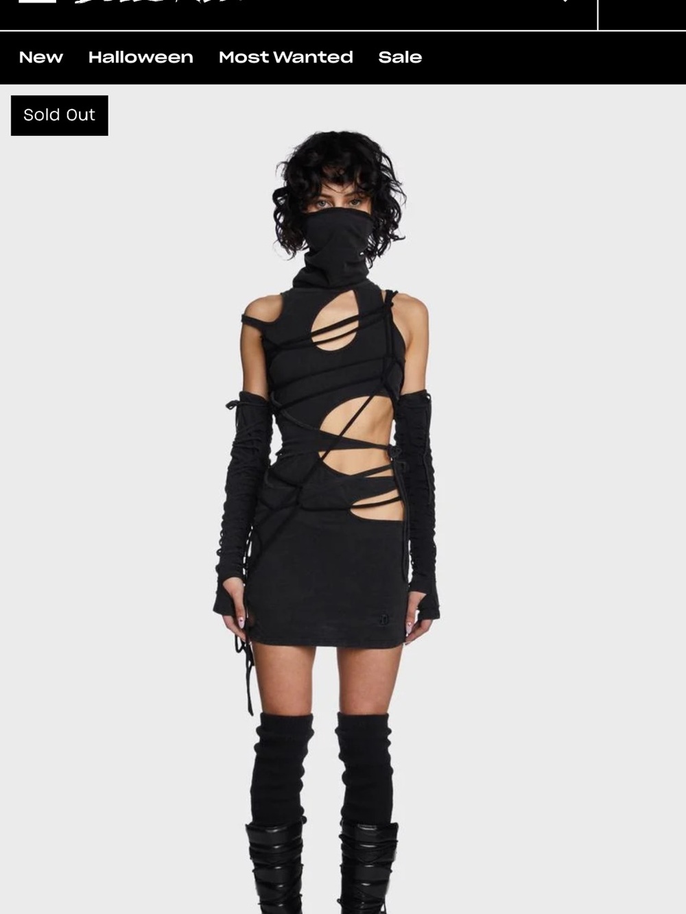 Dolls Kill Black Strappy Cutout Mini Dress with Detachable Face Cover